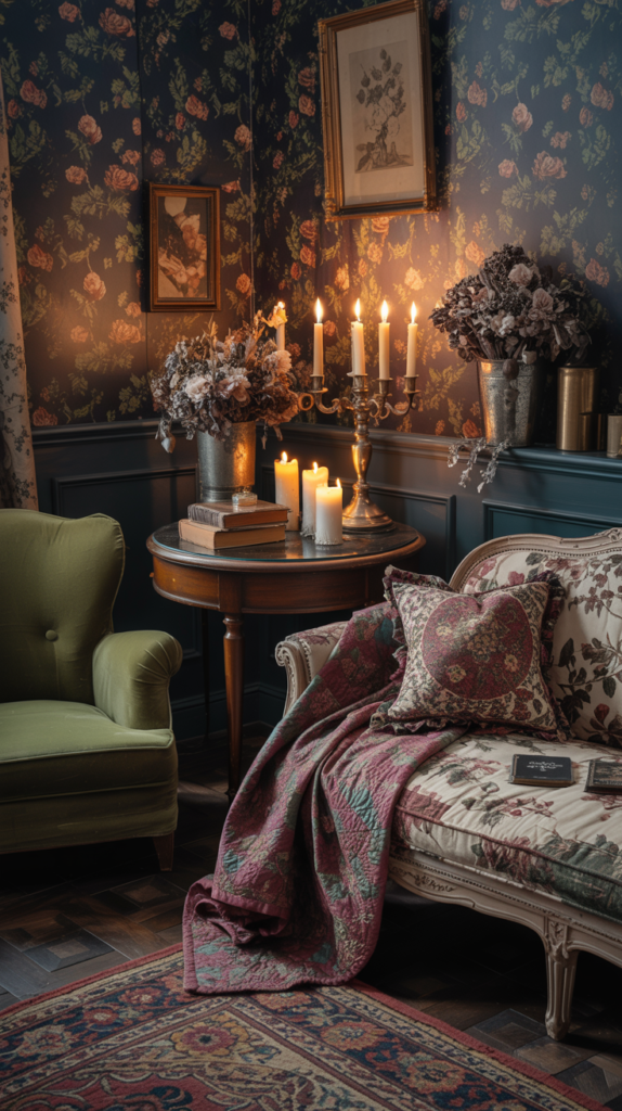 Dark romantic cottagecore living room with floral patterns, candlelight, and cozy moody decor