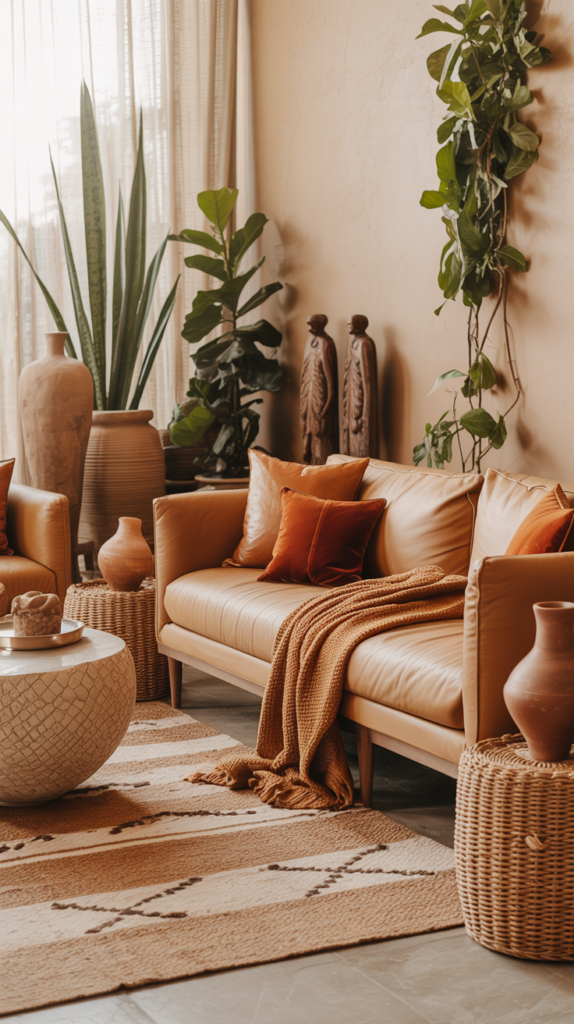 Cozy Afro-Boho living room with rust tones, woven decor, and earthy textures.