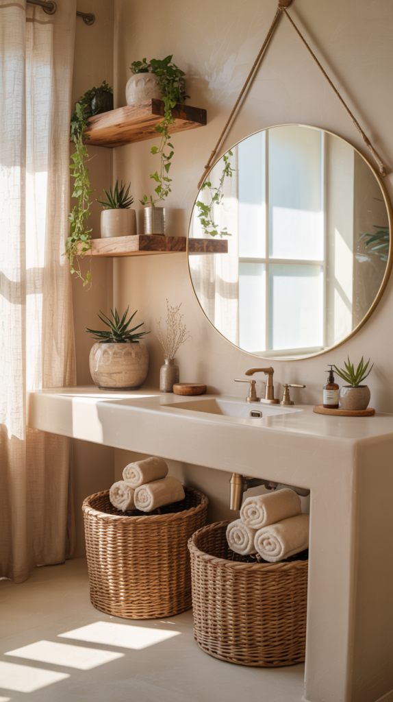 Soft boho chic bathroom with warm tones, wooden shelving, greenery, and woven accents.