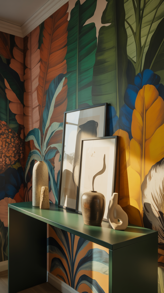“Entryway with bold maximalist botanical wallpaper and a sleek black console table.”