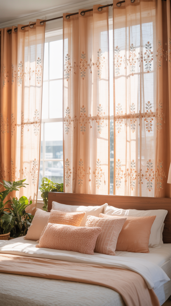 Boho bedroom with peach embroidered sheer curtains glowing in bright natural daylight.