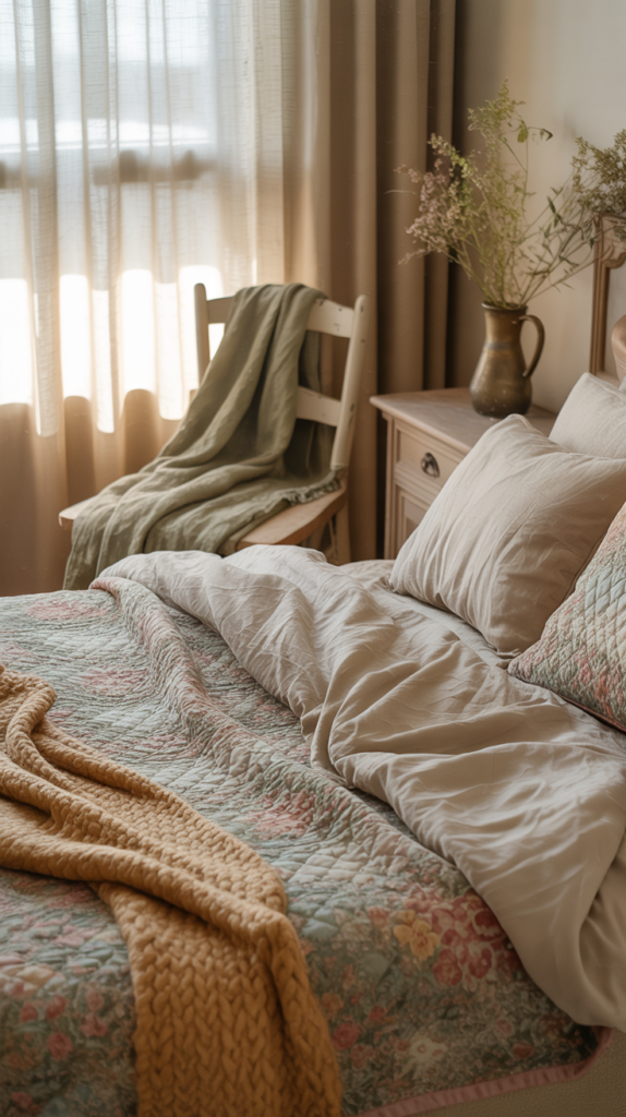 Textured quilts and knit throws layered on a bed in a cozy cottagecore bedroom.