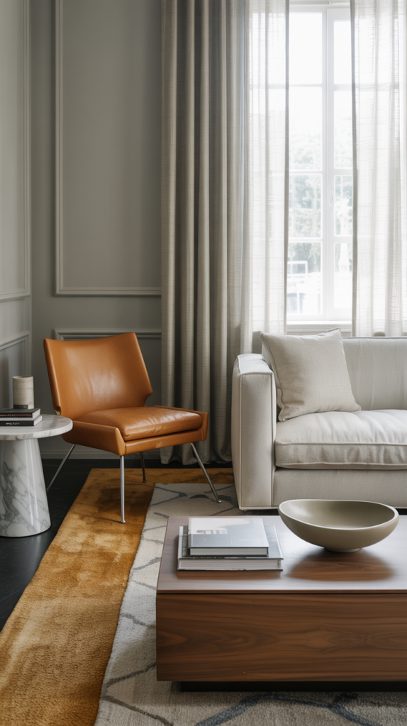 Caramel and warm gray living room with a leather accent chair, neutral sofa, and soft natural light in an upscale home.