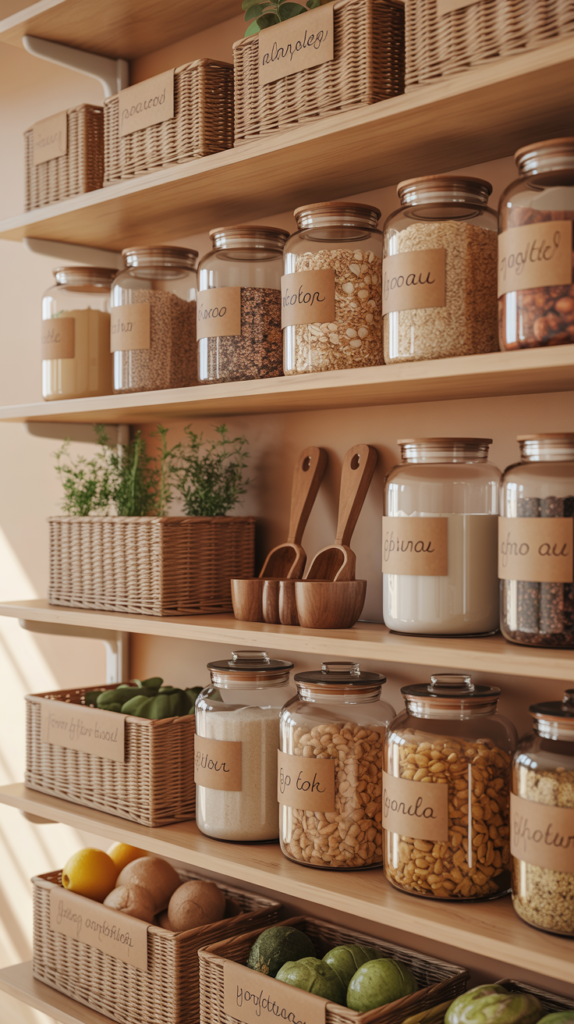 “Open pantry shelves with glass jars, woven baskets, wooden scoops, and warm Boho textures.”