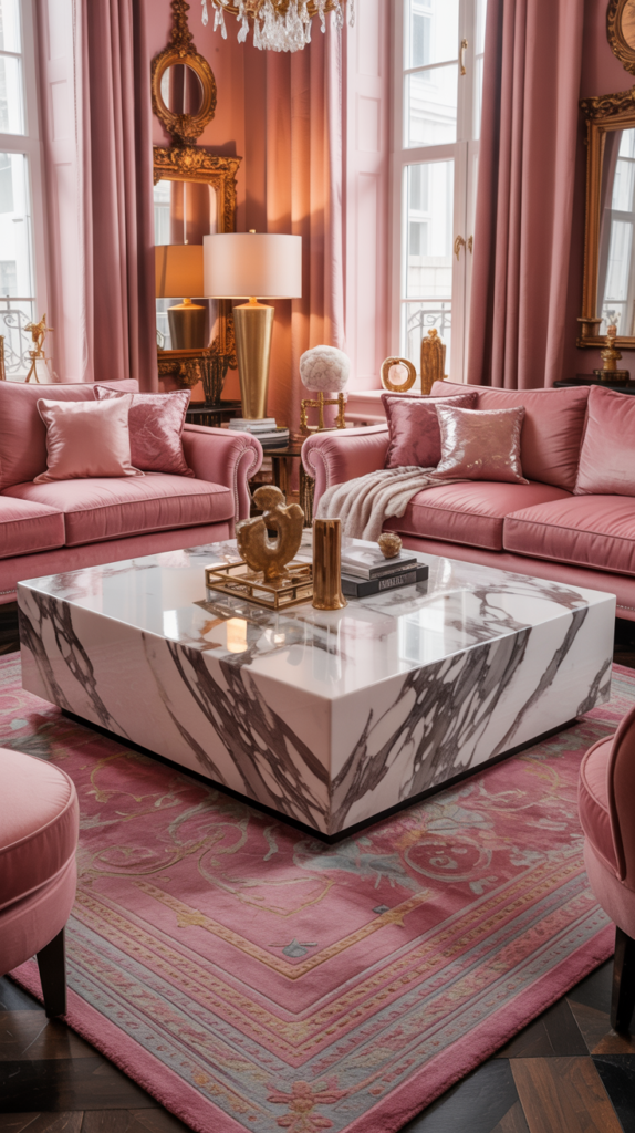 Marble coffee table styled in a pink maximalist living room with velvet furniture and layered decor.