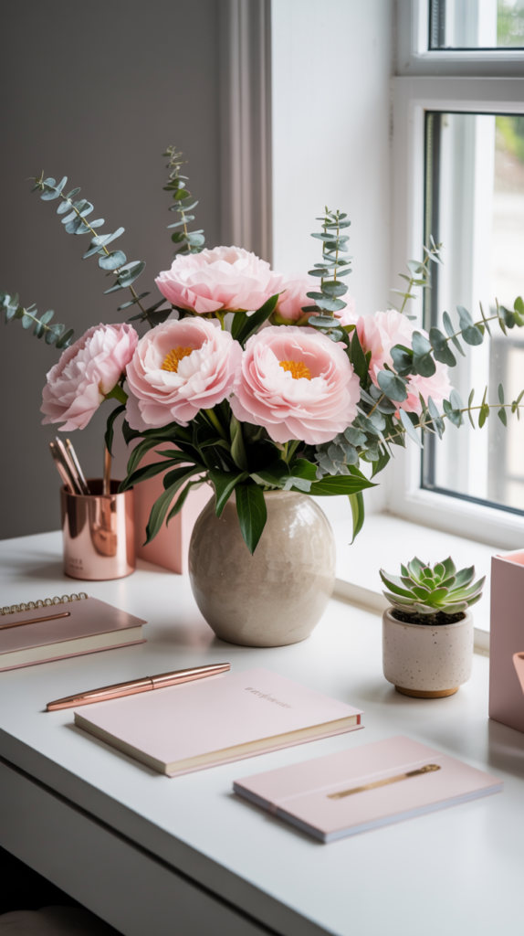 “Feminine office desk with peonies and eucalyptus greenery beside soft pink accessories.”