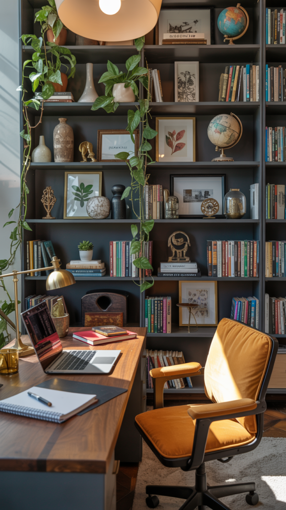 Bookshelves styled as part of a maximalist home office workspace.