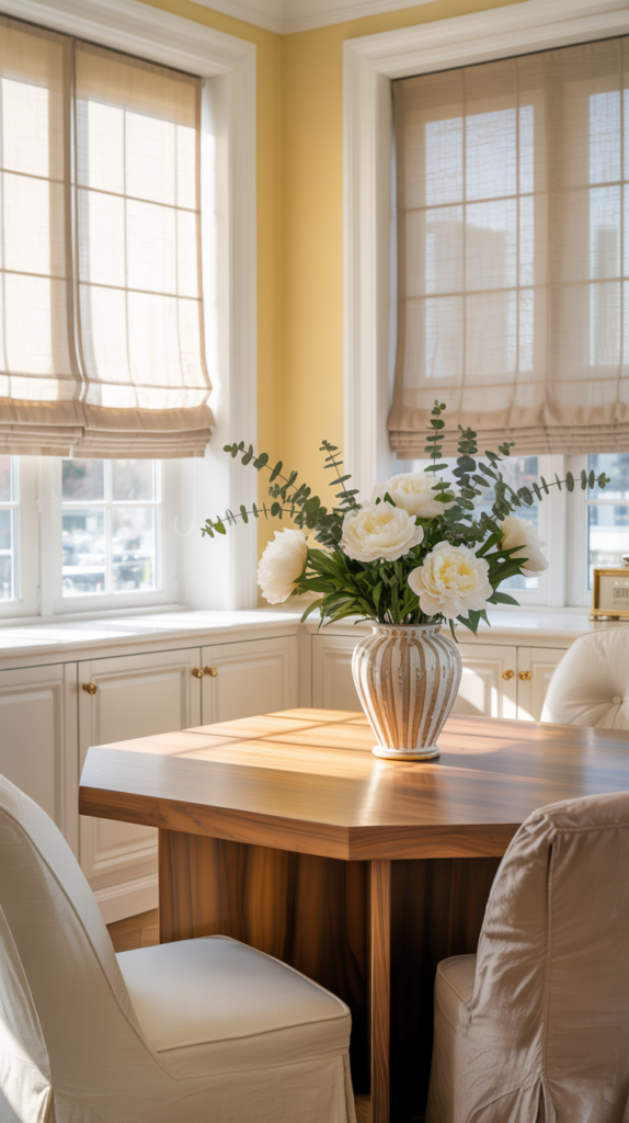 Buttery yellow and linen breakfast nook with wood furniture, soft window shades, and bright sunlight in a warm upscale home.