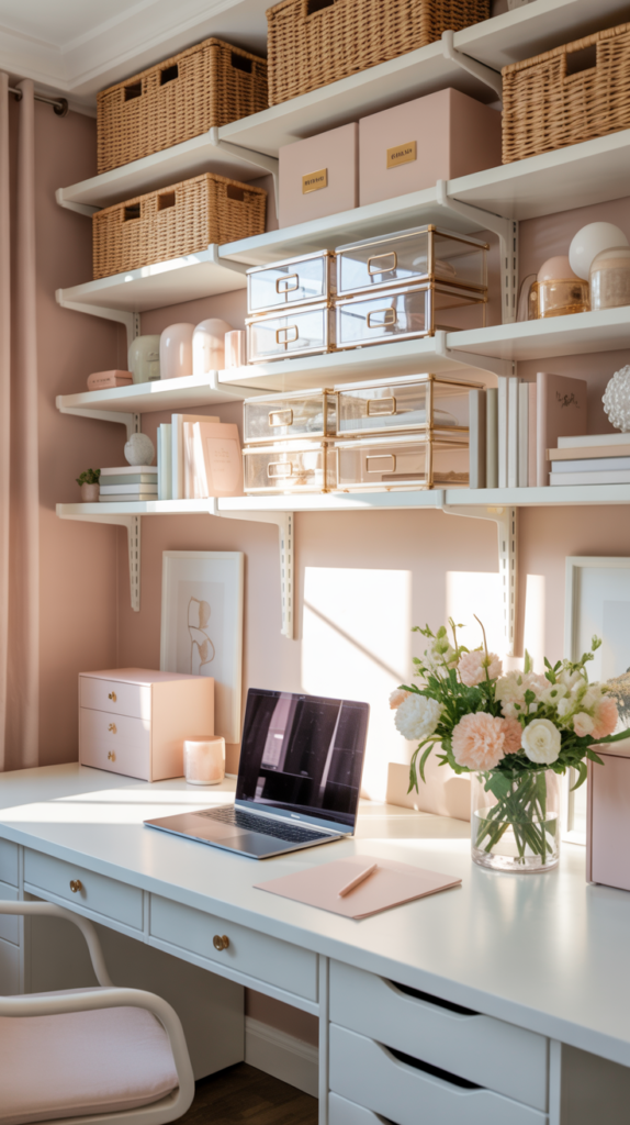 “Feminine home office shelving styled with pastel books, floral arrangements, candles, ceramic vases, and gold-framed photos above a workspace.”