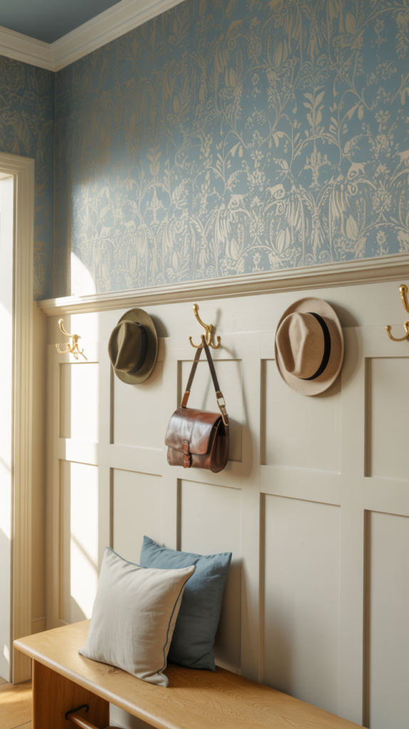 “Entryway with patterned wallpaper above white wainscoting and a wooden bench.”