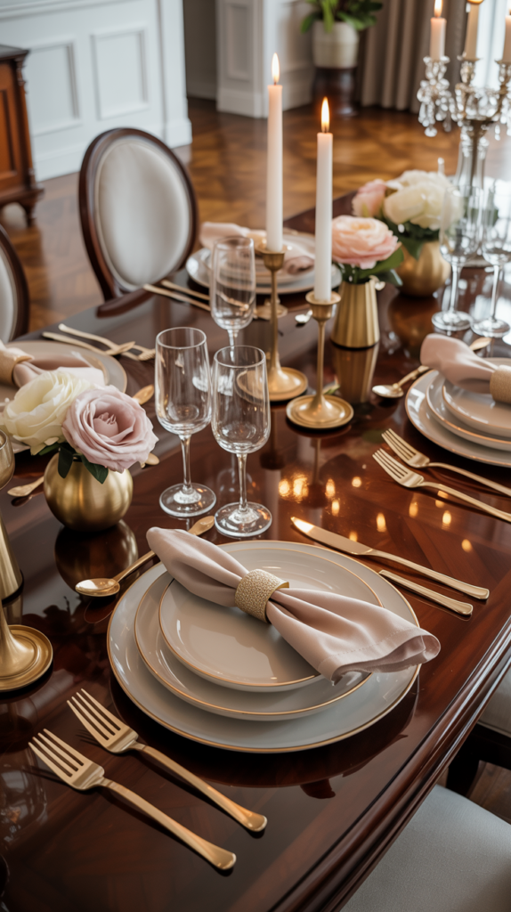 Elegant Valentine’s Day table decor with gold accents, neutral linens, and warm candlelight.
