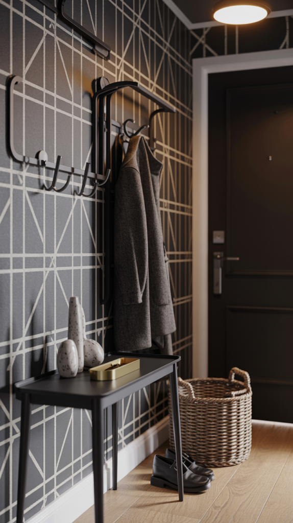 “Modern entryway with black-and-white geometric wallpaper, black console table, wall hooks, and a basket for shoes.”