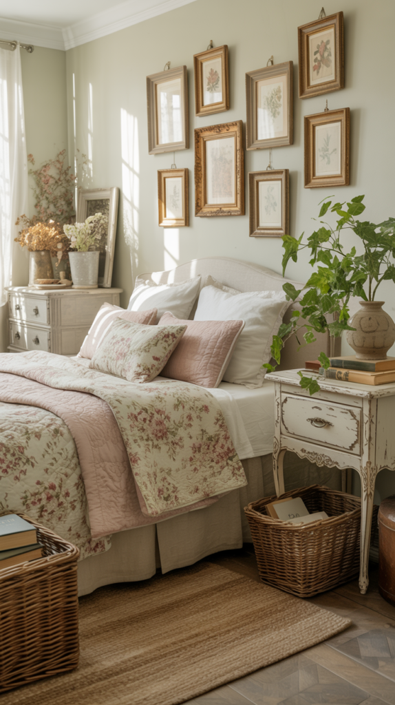 Cottagecore bedroom wall decorated with botanical prints and vintage-style frames.