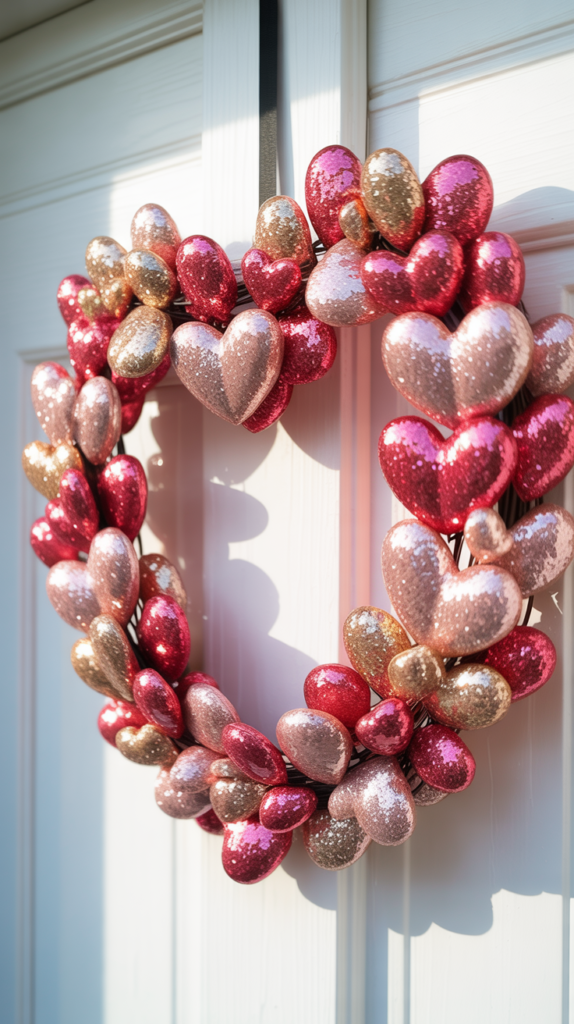 Glittery pink and red heart wreath displayed on a white Valentine-themed front door.