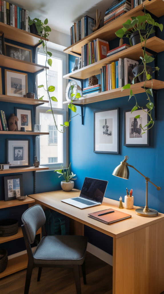 Small-space maximalist home office with a compact desk, bold accent wall, and vertical shelving.