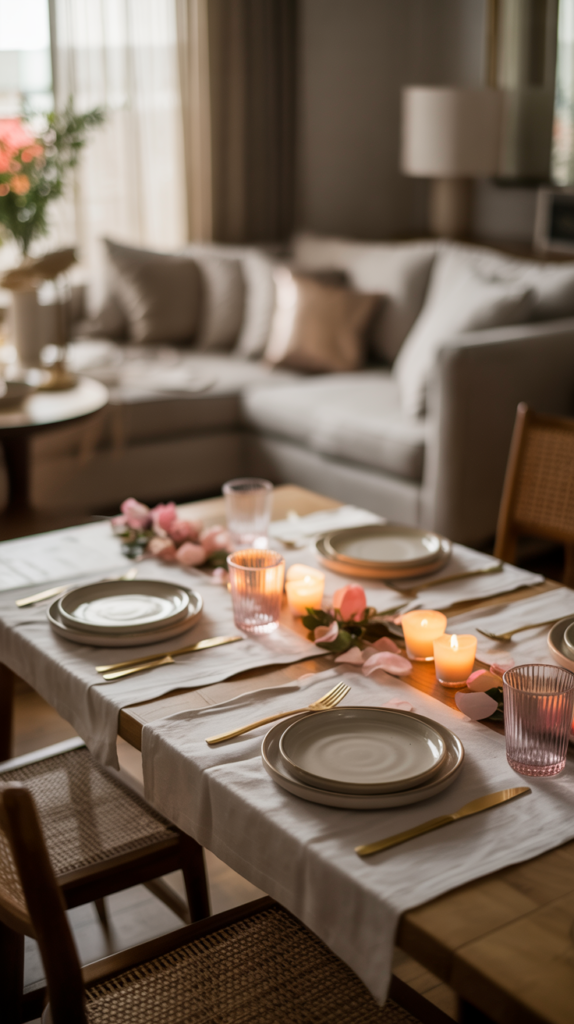 Minimal Valentine’s Day table decor with a cozy, lived-in atmosphere.