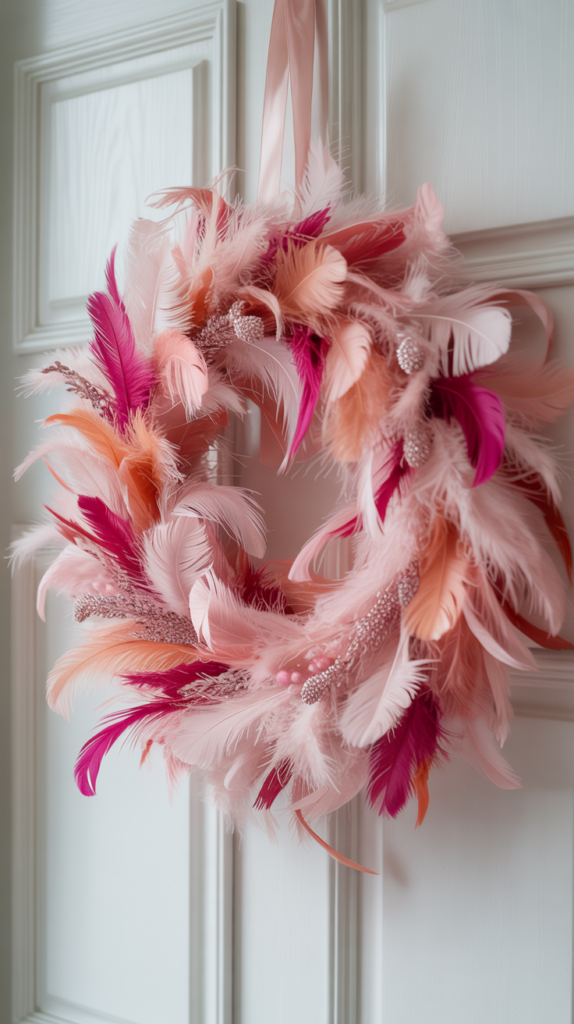 Pink feather Valentine wreath hanging on a white or pastel front door.