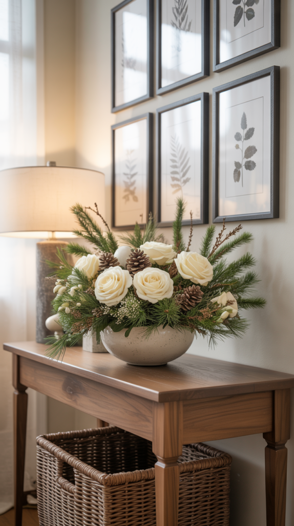 Winter forest floral arrangement with greenery and pinecones in an entryway.