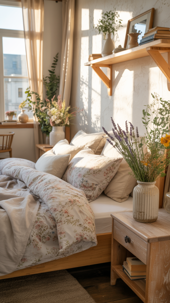 Fresh and dried florals displayed throughout a romantic cottagecore bedroom.