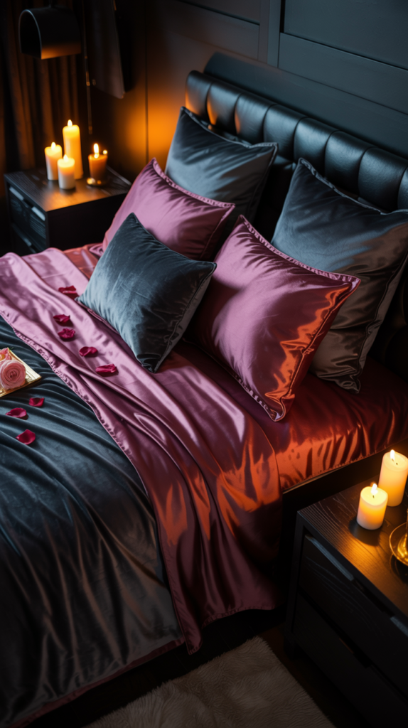 Dark moody Valentine bedroom with burgundy bedding, candles, and intimate romantic lighting