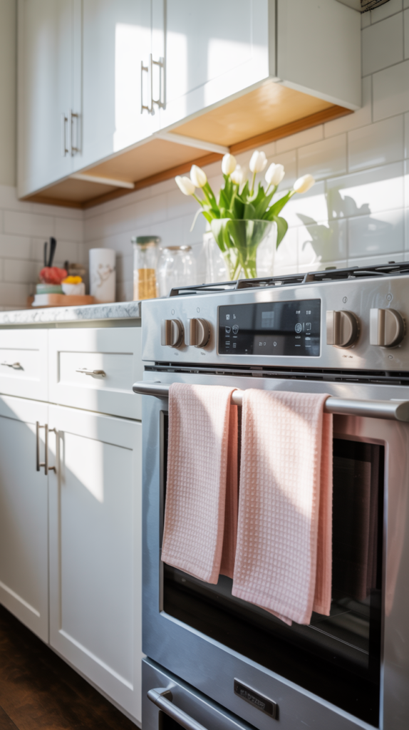 Blush pink kitchen towels hanging neatly on a stainless steel oven handle in a bright modern kitchen.