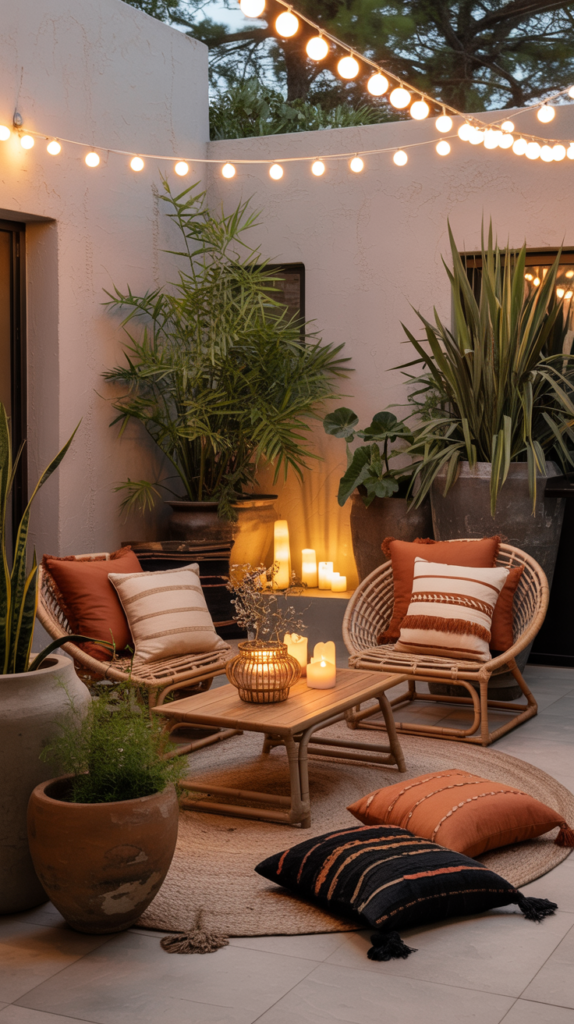 Afro-BoHo outdoor patio with rattan furniture, warm lighting, and natural textures.