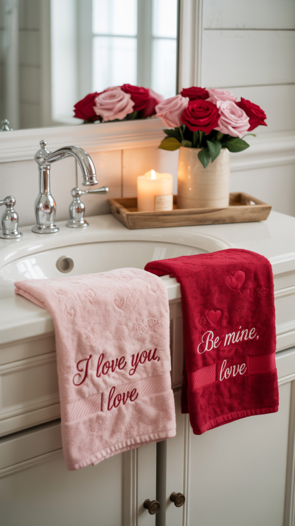 Farmhouse bathroom decorated with red and pink Valentine’s towels, flowers, and candle decor.