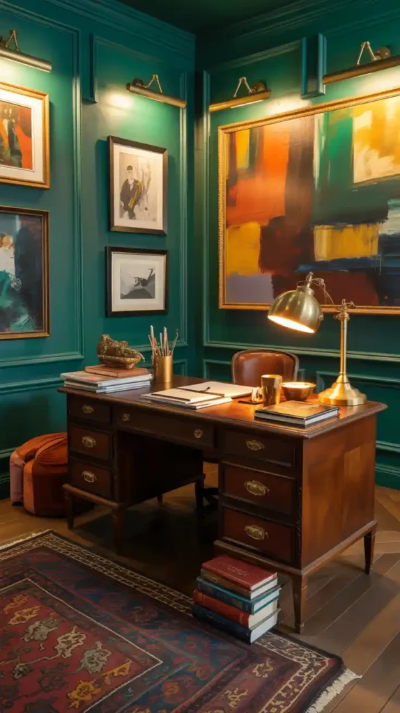 Maximalist home office with deep emerald green walls, wooden desk, layered decor, and warm ambient lighting.