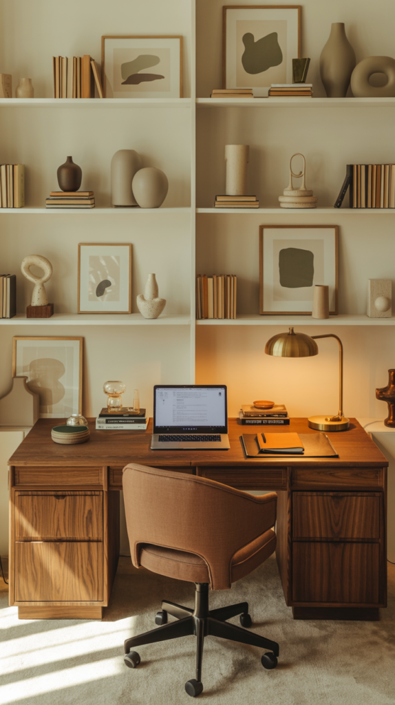 Balanced maximalist home office with an oak desk, warm neutral colors, and intentionally layered decor.