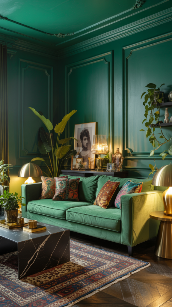 “Maximalist living room with emerald green velvet sofa, gold accents, black marble coffee table, and layered textures creating a luxurious, dramatic space.”