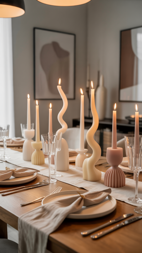 Modern Valentine’s Day table decor featuring sculptural candles and minimalist place settings.