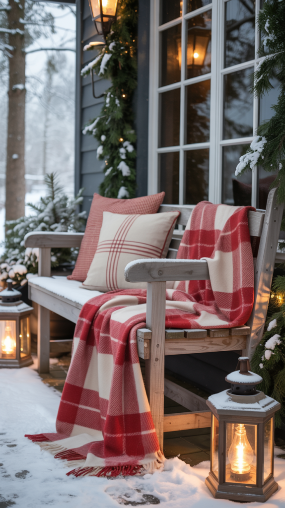“Wooden porch bench draped with a red plaid blanket and winter pillows beside lanterns and greenery.”
