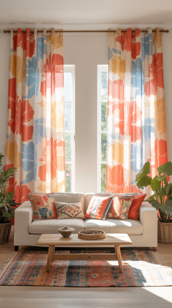 Boho living room with colorful patterned curtains glowing in bright natural daylight.