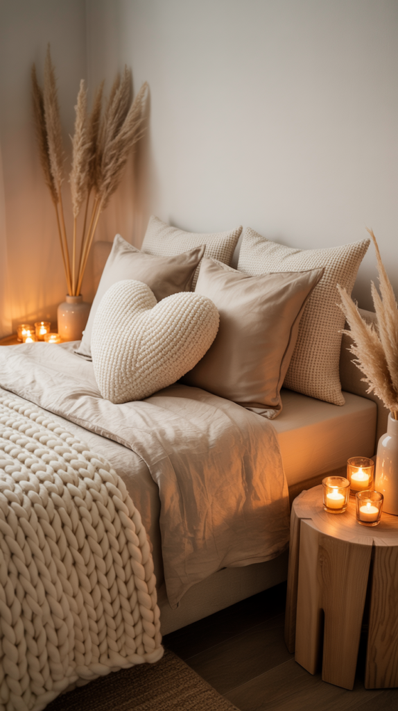 Neutral Valentine bedroom with beige bedding, knit blankets, candles, and soft romantic accents