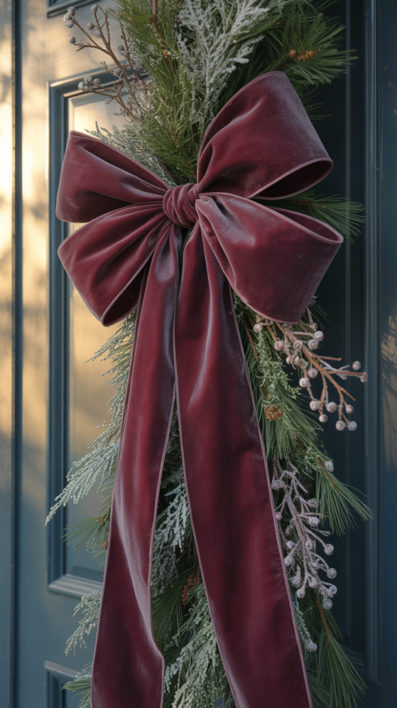 “Front door decorated with an oversized velvet winter bow surrounded by frosted greenery.”