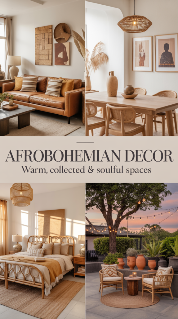 Four-image collage featuring Afro-BoHo living room, dining room, bedroom, and patio styled in warm earthy tones with bold text reading “Afro-BoHo Home Decor – Warm, Collected & Soulful Spaces.”