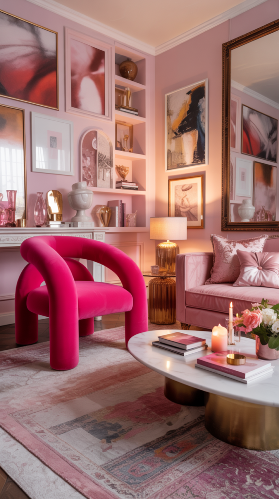 Bold fuchsia sculptural chair on the side of a pink maximalist living room with velvet sofa and marble coffee table.