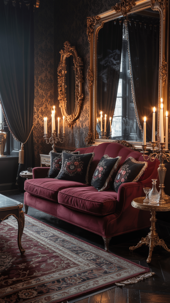 Gothic romance living room with velvet sofas, dark florals, and gold mirrors in a moody interior