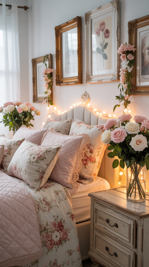 Cottagecore Valentine bedroom with floral bedding, roses, and soft romantic lighting