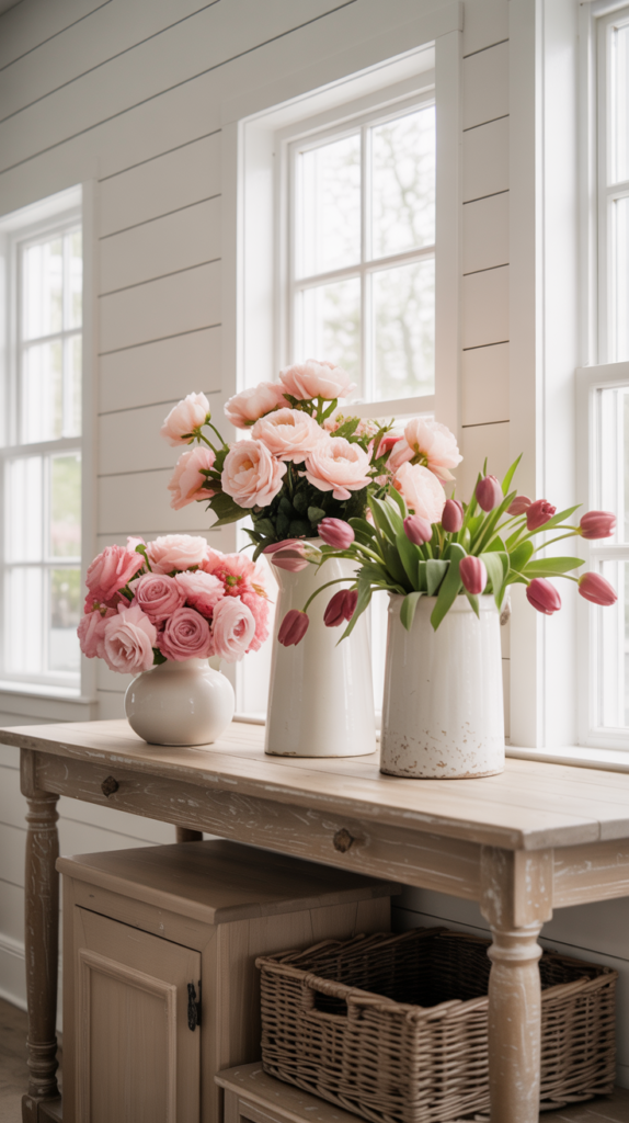 Farmhouse floral arrangement with blush and red flowers for Valentine’s Day decor.