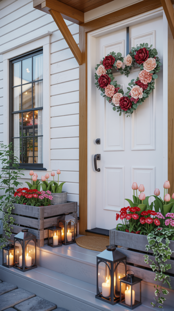 Farmhouse front porch decorated with red and pink Valentine’s flowers, heart wreath, and lanterns.