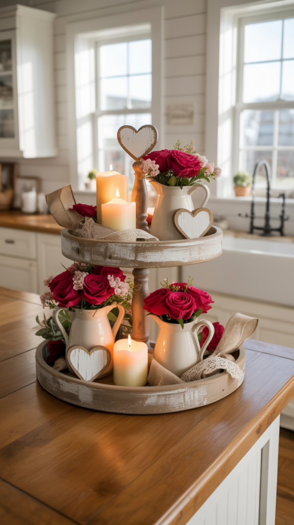 Farmhouse tiered tray with red and pink Valentine’s flowers, heart decor, and candles.