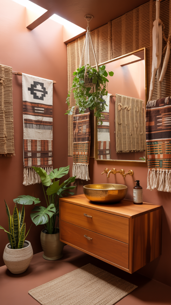 Afro-inspired modern boho bathroom with warm wood, plants, gold accents, and patterned textiles.