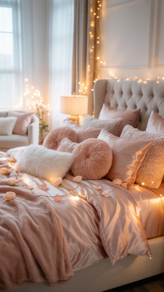 Soft blush pink Valentine’s Day bedroom decorated with layered bedding, rose petals, fairy lights, and romantic lighting
