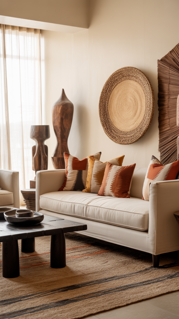 Modern African boho living room with neutral furniture, woven textures, and warm natural light.