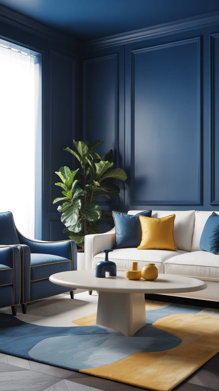 “A sophisticated living room with deep blue walls, a white sofa decorated with blue and yellow pillows, yellow-accented armchairs, a modern coffee table, a patterned blue-and-yellow rug, and a tall green plant.”
