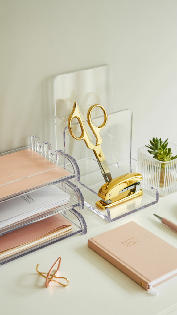 “Feminine desk with gold accessories and acrylic organizers in a soft pink workspace.”
