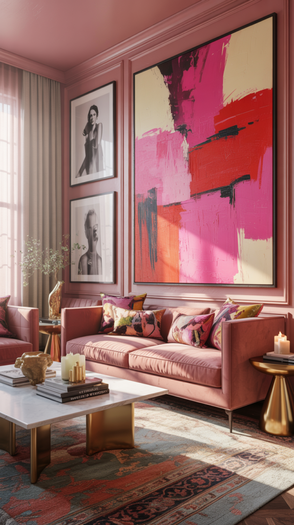 Large statement artwork displayed on pink walls in a maximalist living room.