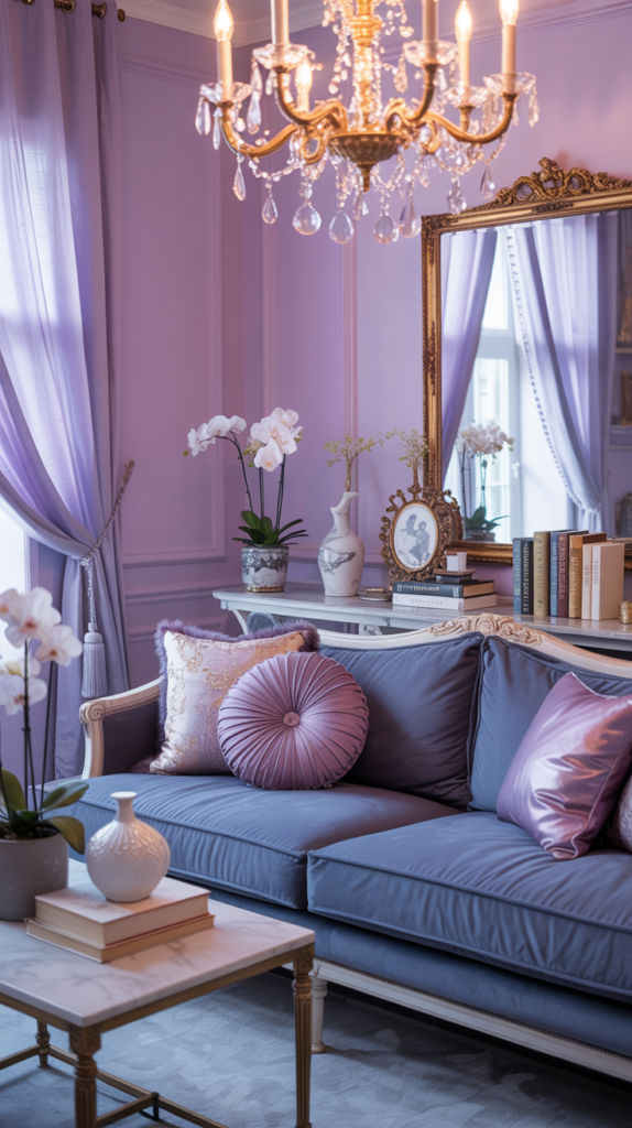 “Dreamy maximalist living room with lavender walls, indigo sofa, soft gold fixtures, and feminine, airy décor.”