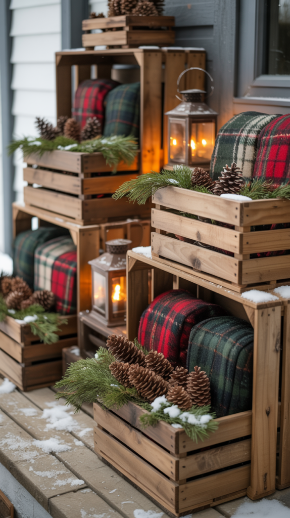 “Rustic wooden crates filled with pinecones, blankets, lanterns, and greenery on a snowy winter porch.”
